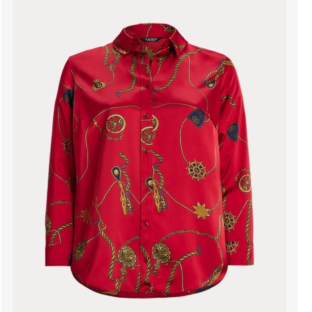 Lauren Ralph Lauren Classic Fit Print Satin Charmeuse Shirt Red Large